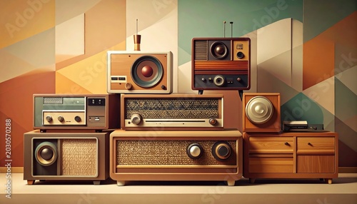 Group of retro radios displayed against a geometric, colorful background