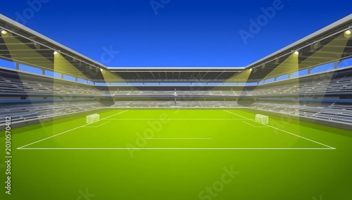 Soccer stadium with empty football field and spotlights vector illustration. Stadium for soccer with green empty field