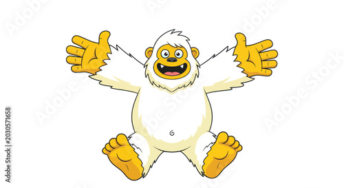 Photos Happy cartoon yeti with open arms, isolated on white background.