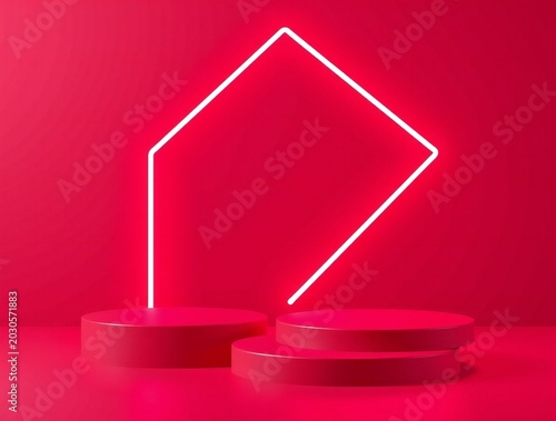 Modern neon geometric frame above red pedestals on a vibrant red background