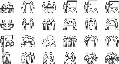 Business people interaction handshake presentation coaching and conversation outline icon set vector