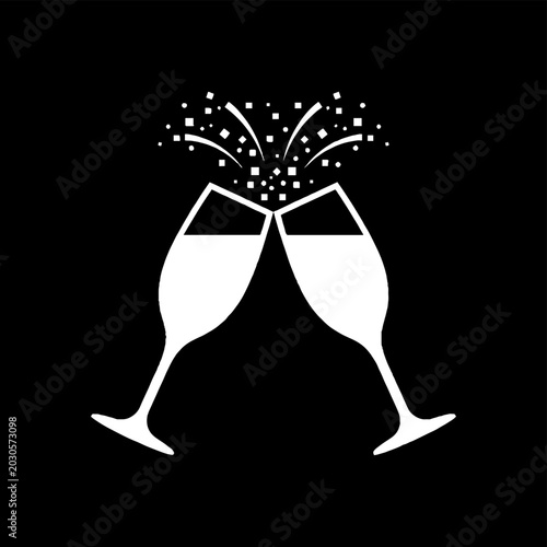 Two white champagne flutes clinking together with bursting confetti and bubbles, a minimalist vector illustration on a black background