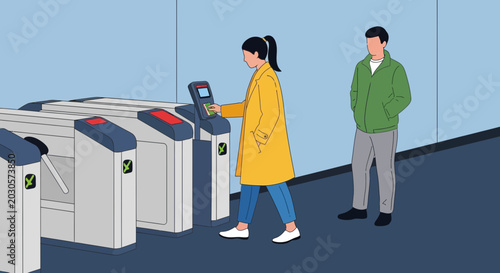 Photos Woman using ticket gate, man waiting, public transport concept, modern illustrat