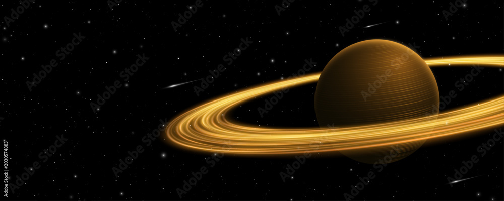 Naklejka premium 3D planet Saturn with swirling glowing rings around into deep space with shining stars. Abstract cosmic background related to astronomy, astrophysics and universe visuals. Vector illustration.