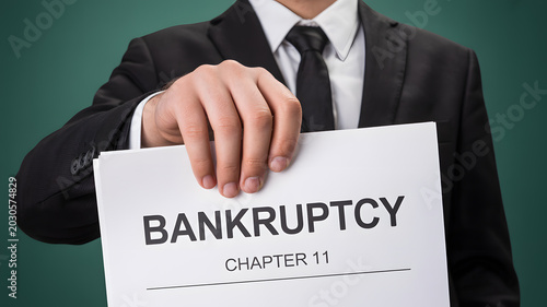 A businessman holding a bankruptcy document in a formal suit and tie
