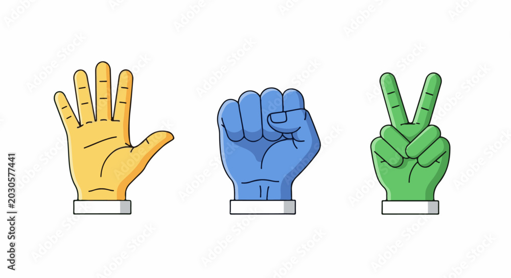 Fototapeta premium Three hands in different gestures open palm, fist, and peace sign