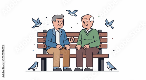 Two elderly men sit on a park bench, conversing as small blue birds fly around them