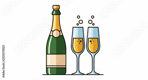 Two elegant glasses filled with bubbly champagne stand beside a bottle of the festive drink