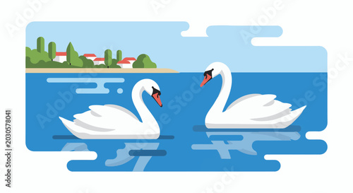 Two elegant swans glide gracefully on tranquil blue waters near a serene coastline
