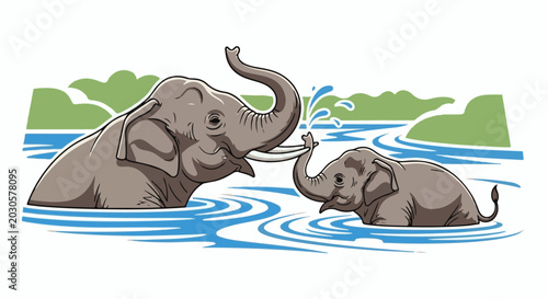 Two elephants playfully splashing water in a river with green hills in the background