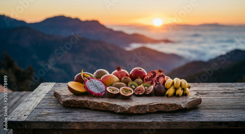 Assorted Tropical Fruits on Stone Slab with Mountain Sunrise View and Warm Atmospheric Light