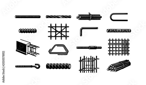 Konstfotografi Black rebar silhouette vector set with construction reinforcement steel armature