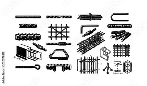Foto Monochrome reinforcement steel rebar pack with industrial construction vectors