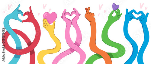 Photos Heart and love hand gestures set with cartoon arms in flexible positions