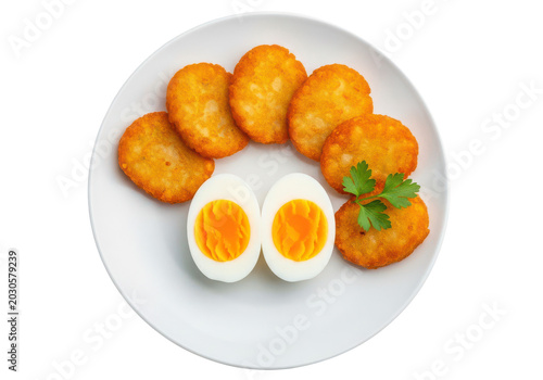 Plate of crispy hash brown patties and two halves of hard-boiled eggs with parsley garnish, isolated on transparent background.
