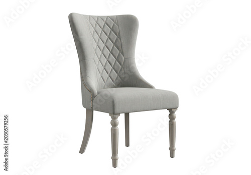 Elegant light gray upholstered dining chair with diamond tufting on seat back, button trim and carved wooden legs, isolated on transparent background.