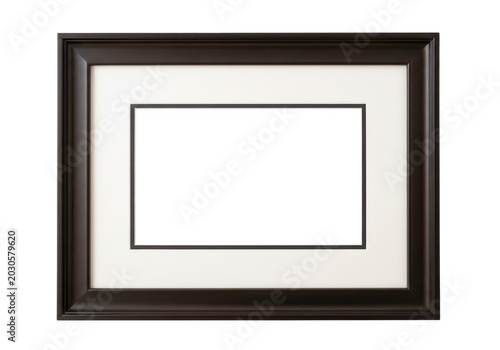 Empty dark brown photo frame with white passepartout and black border isolated on transparent background, interior design element.