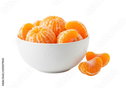 Ripe mandarin segments in white bowl isolated on transparent background, healthy citrus fruit, diet and vitamin c source, studio shot.