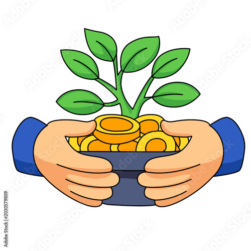 Money Investment Growth Concept with Coins and Plant in Hands Flat Illustration