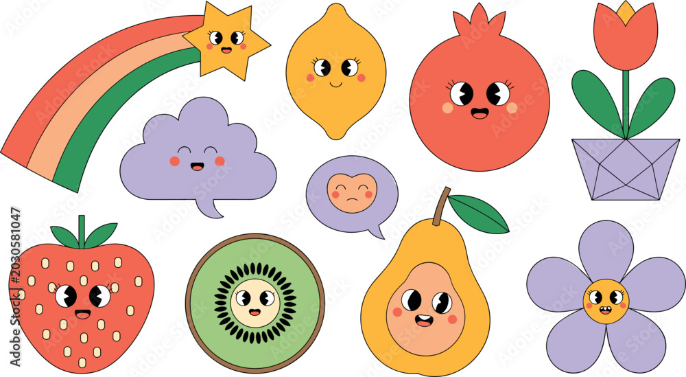 Fototapeta premium Retro groovy cartoon fruit and flower vector element set with funny faces rainbow cloud and star