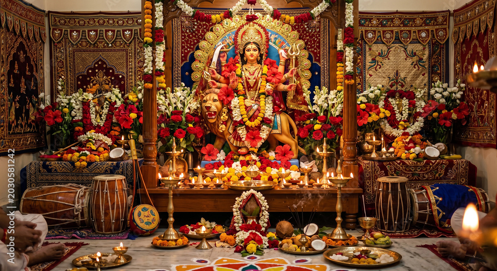 Fototapeta premium Goddess Durga Altar with Traditional Decor for Navratri Festival