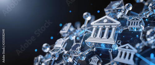 Premium abstract glass bank building icons with glowing blue connected network nodes against dark background, digital banking fintech ecosystem concept B2B technology background with copy space
