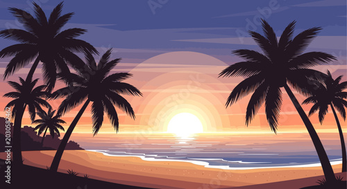 Tropical beach sunset with palm trees silhouetted against the vibrant sky.