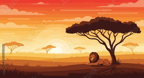 Foto Majestic Lion Resting Underneath a Solitary Acacia Tree.