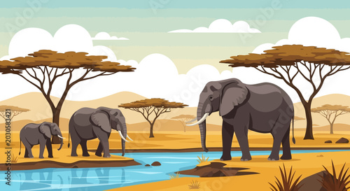 Canvas Print Three African elephants drinking water from a river in the savanna