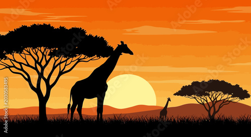 Quadro su tela Silhouette of a mother giraffe and her baby against a vibrant sunset in the African savanna