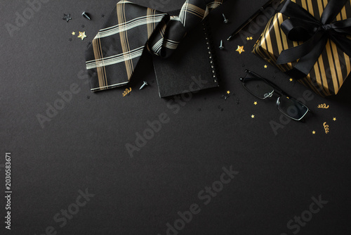 Stylish men's gift and accessories background with copy space. Father's Day or corporate greetings.