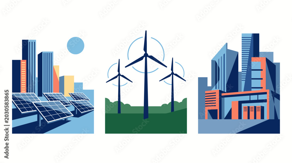 Obraz premium Illustration showcases sustainable urban development with solar panels and wind turbines