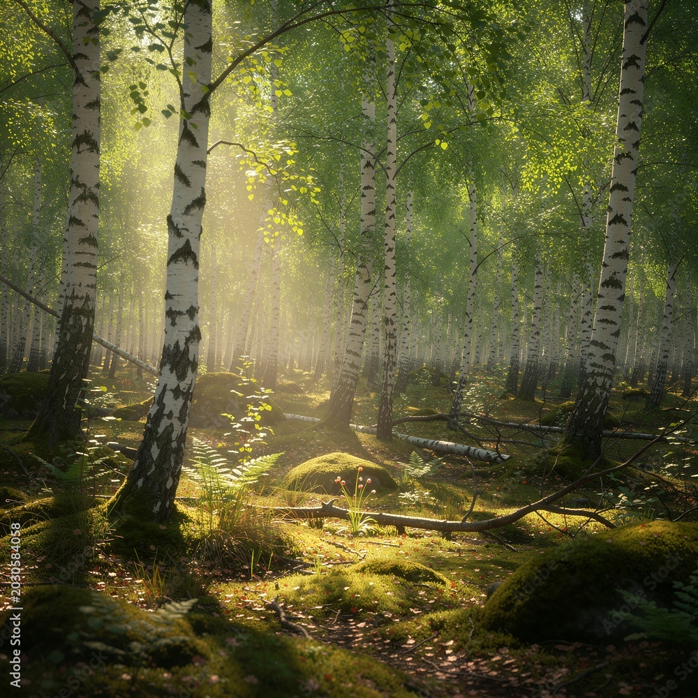 Obraz premium Bright Sunlit Birch Forest Path with Lush Green Foliage