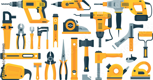 Yellow handyman construction work power tools and repair equipment set collection isolated on white background vector