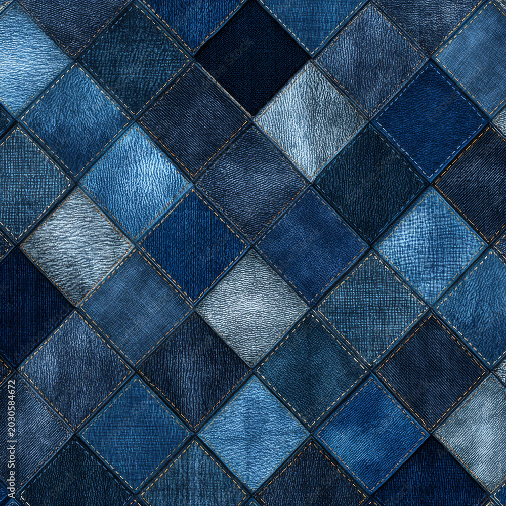Fototapeta premium Denim blue patchwork squares seamless pattern with various textures and shades creating stylish and dynamic fabric design