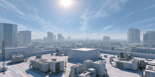 Rooftop air conditioning units under a hot sun above a hazy city, representing urban heat, cooling demand, energy use and heatwave climate stress