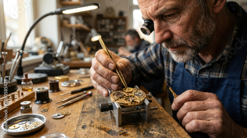 Focused Watchmaker Repairing Intricate Watch Mechanism with Precision Tools.