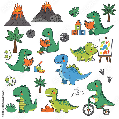 Cute cartoon dinosaurs reading, painting, and cycling in prehistoric jungle