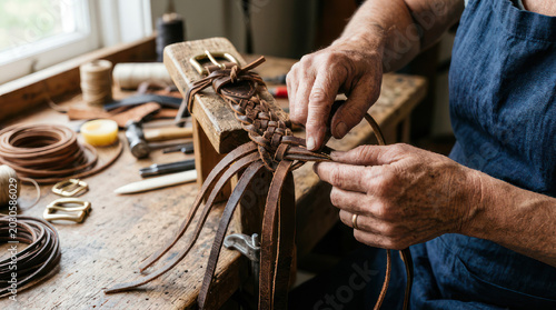 Hands Weaving Intricate Leather Belt Design in Workshop.