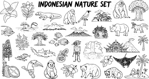 Canvas Print Indonesian Nature Set: Black and White Line Art Illustrations of Flora, Fauna, a