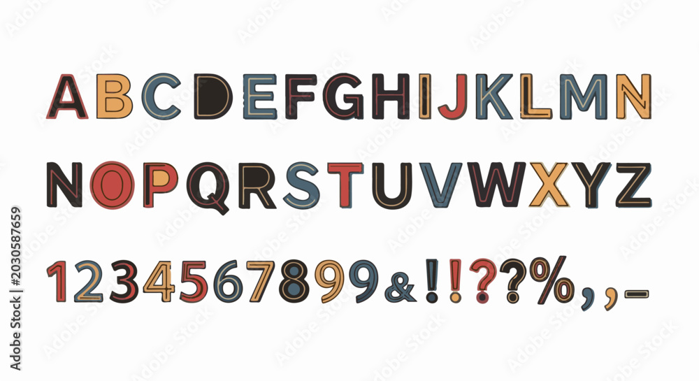 Fototapeta premium A colorful alphabet font set with numbers and symbols