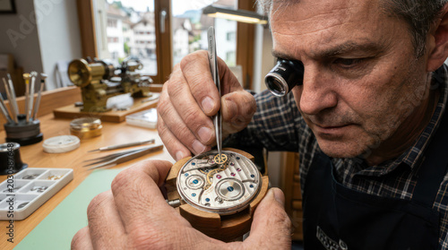 Watchmaker Carefully Assembling Intricate Watch Movement with Precision Tools.