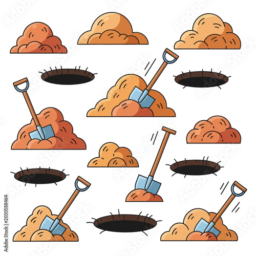 Digging Holes: Shovels and Piles of Dirt, Cartoon Style