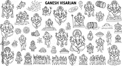 Photos Ganesha Visarjan Black and White Line Art Icons - Hindu God, Indian Culture, Fes