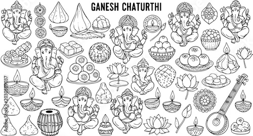 Bild auf Leinwand Ganesh Chaturthi Hindu Festival Black  White Line Art Set: Ganesha Deities, Moda
