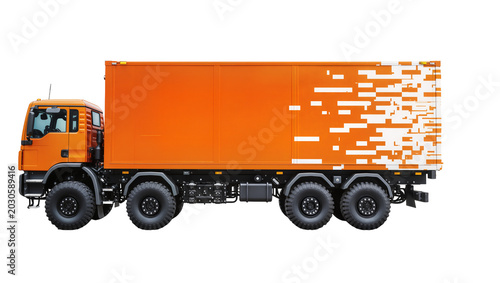 Schilderij op canvas Orange truck with abstract white pattern on cargo box, isolated on transparent b