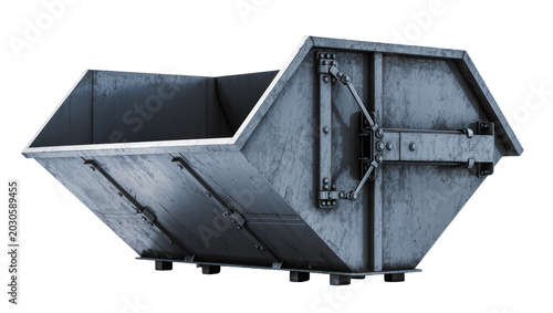 Photos Heavy duty metal skip bin with hinged lid mechanism, isolated on transparent bac