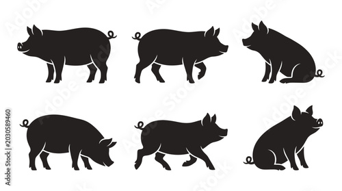 Photos different black pig silhouettes on a clean white background, minimalist vector style
