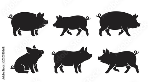 Foto different black pig silhouettes on a clean white background, minimalist vector style