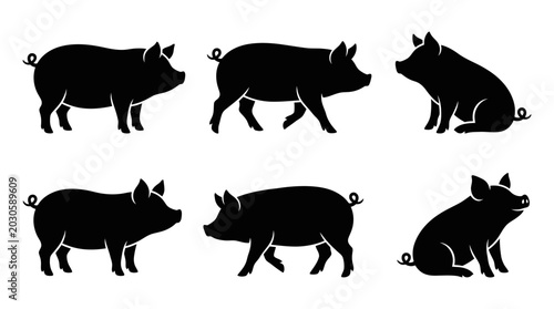 Tableau sur toile different black pig silhouettes on a clean white background, minimalist vector style